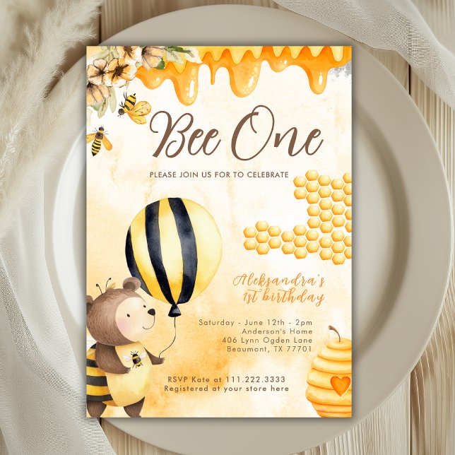 Cute Bee One First Honey Bear Yellow 1st Birthday  Invitation (Creator Uploaded)