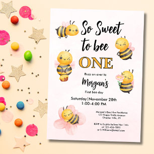 Cute Bee One Pink Black First Birthday Party Invitation