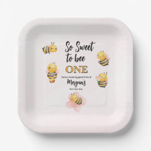 Cute Bee One Pink Black First Birthday Party Paper Plates