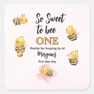 Cute Bee One Pink Black First Birthday Party Square Sticker