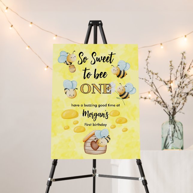 Cute Bee One Yellow Black First Birthday Party Foam Board (In Situ (Stand))
