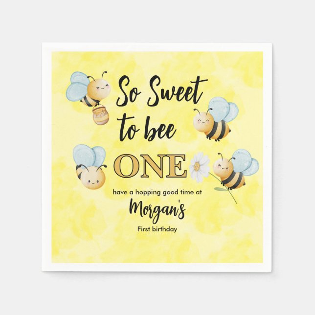 Cute Bee One Yellow Black First Birthday Party Napkins (Front)