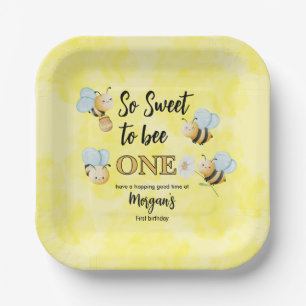 Cute Bee One Yellow Black First Birthday Party Paper Plates