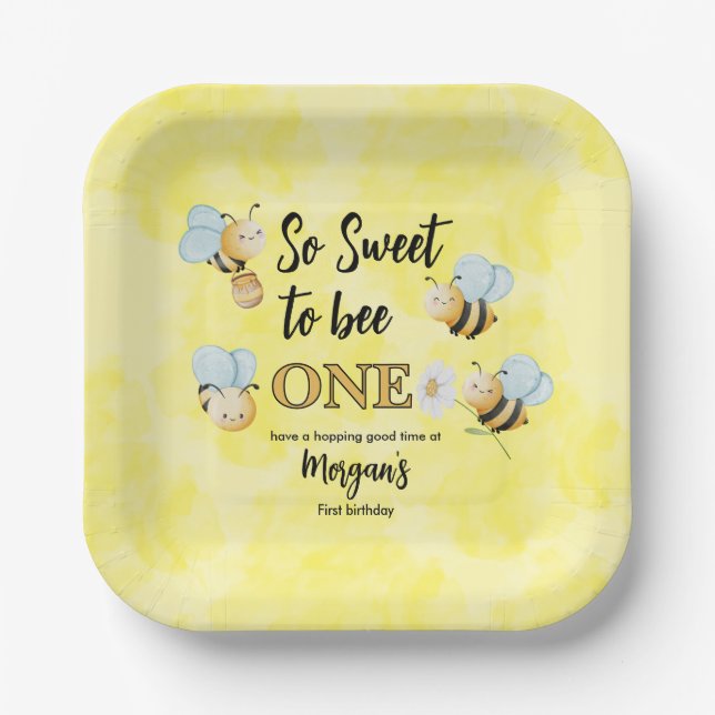 Cute Bee One Yellow Black First Birthday Party Paper Plates (Front)