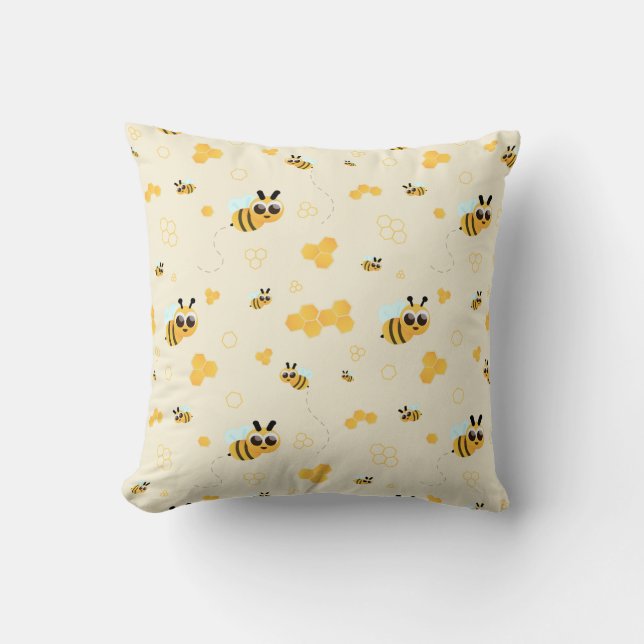 Cute Bee Pattern and Honey Comb Throw Pillow (Front)