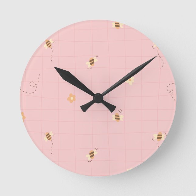 Cute Bee Pattern | Pastel Floral Aesthetic Design Round Clock (Front)