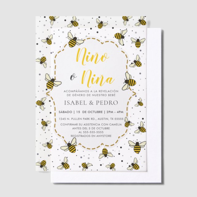 Cute Bee Pattern Spanish Gender Reveal Vellum Invitations (Offset)