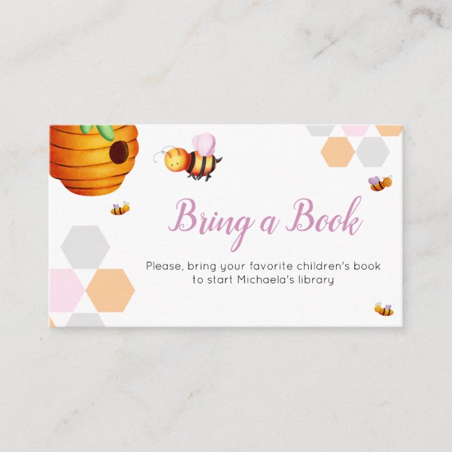 Cute Bee Pink Bring a Book Baby Shower Enclosure Card (Front)