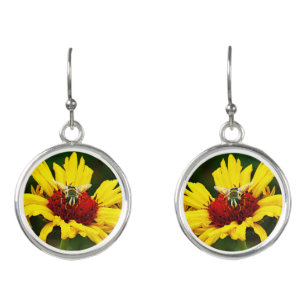 Cute Bee Rests on Bright Yellow Wildflower Earrings