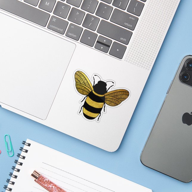 CUTE BEE SHINY YELLOW GOLD BLACK BUMBLEBEE CONTOUR STICKER (Laptop w/ iPhone)