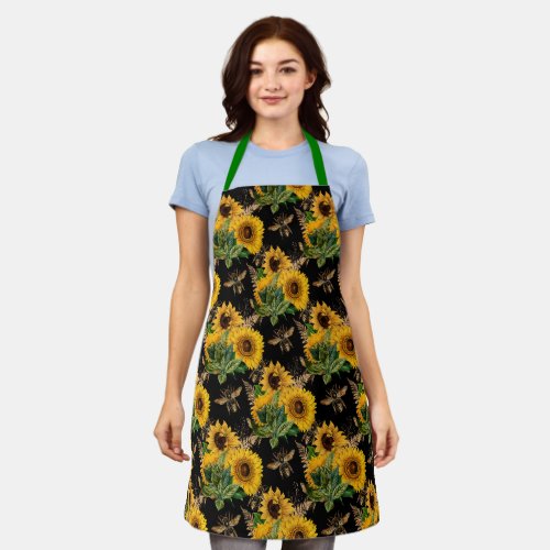 Cute Bee Sunflower Black Chef Womens Apron