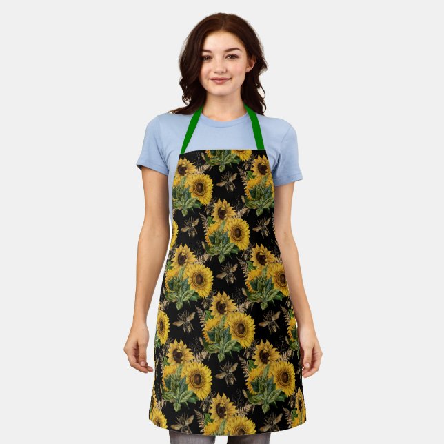 Cute Bee Sunflower Black Chef Womens Apron (Worn)