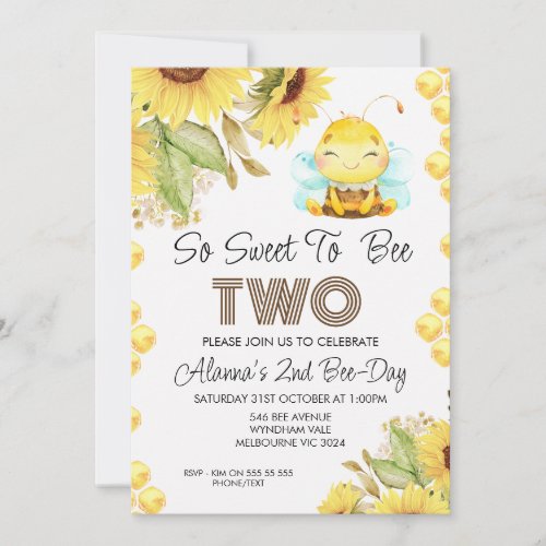 Cute Bee Sunflowers 2nd Birthday Invitation