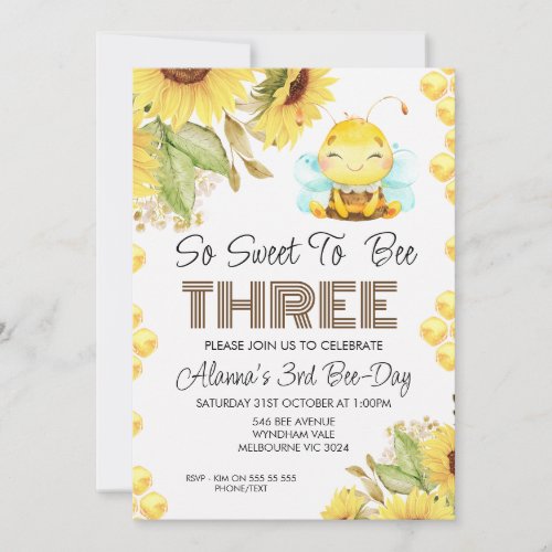 Cute Bee Sunflowers 3rd Birthday Invitation