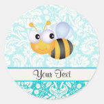 Cute Bee; Teal Damask Pattern Classic Round Sticker at Zazzle