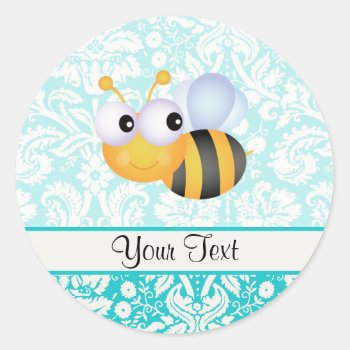 Cute Bee; Teal Damask Pattern Classic Round Sticker by CreativeCovers at Zazzle