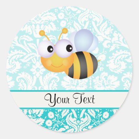 Cute Bee; Teal Damask Pattern Classic Round Sticker