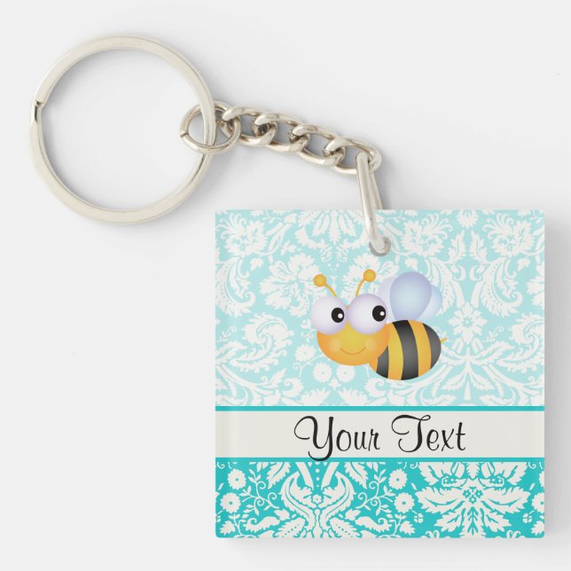 Cute Bee; Teal Damask Pattern Keychain (Front)