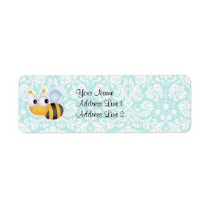 Cute Bee; Teal Damask Pattern Label