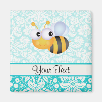 Cute Bee; Teal Damask Pattern Magnet