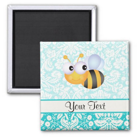 Cute Bee; Teal Damask Pattern Magnet