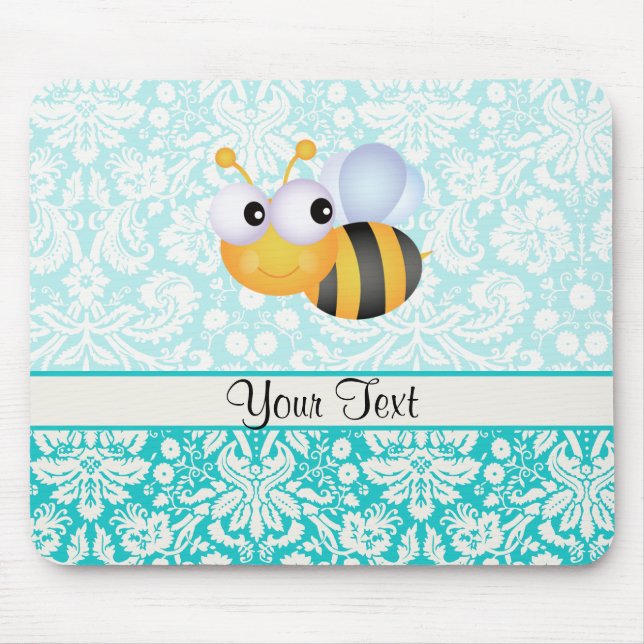 Cute Bee; Teal Damask Pattern Mouse Pad (Front)