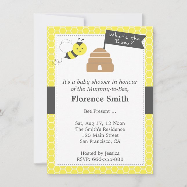 Cute Bee Theme Baby Shower In Yellow and Dark Grey Invitation (Front)
