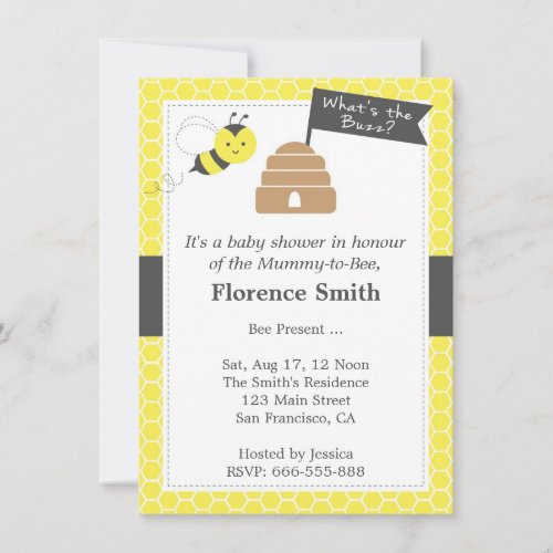 Cute Bee Theme Baby Shower In Yellow and Dark Grey Custom Invitation