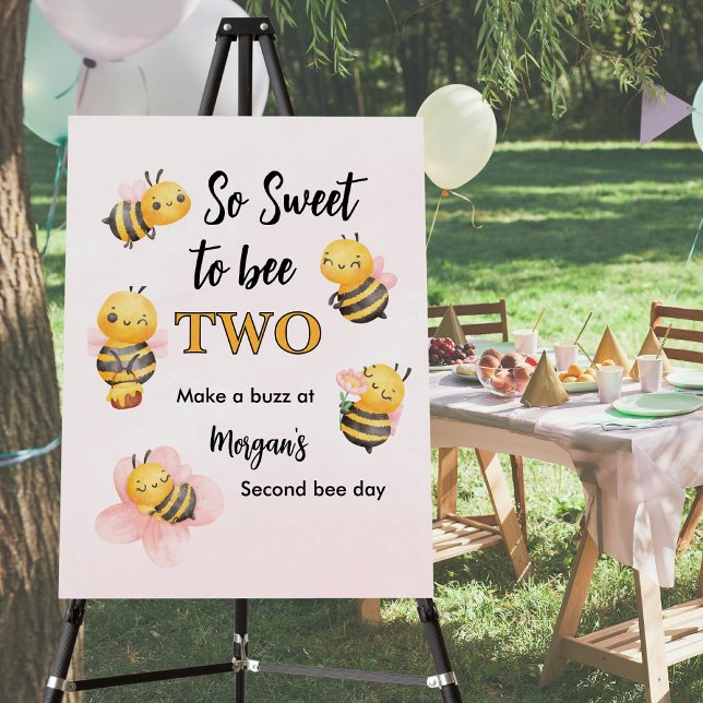 Cute Bee Two Pink Black Second Birthday Party Foam Board (Creator Uploaded)