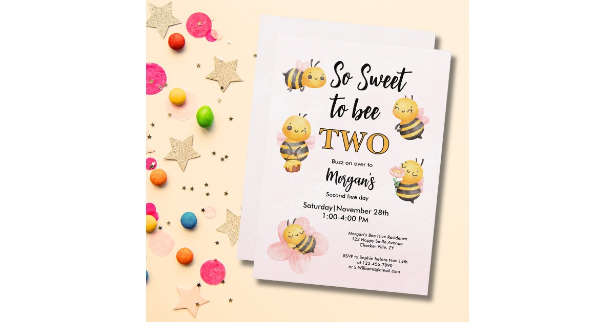 Two Parts Invitation Cute Bee Two Pink Black Second Birthday Party Invitation | Zazzle