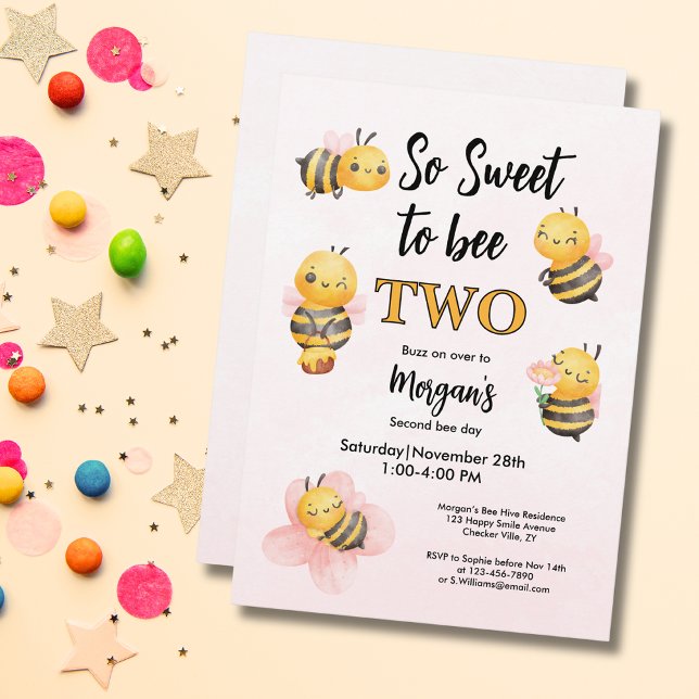 Cute Bee Two Pink Black Second Birthday Party Invitation (Creator Uploaded)