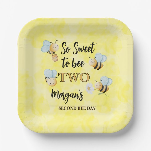 Cute Bee Two Yellow Black Second Birthday Party Paper Plates (Front)