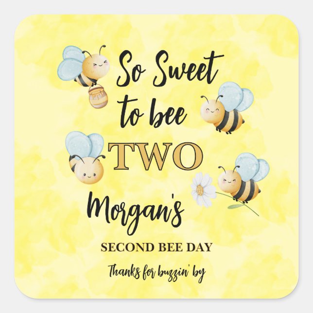 Cute Bee Two Yellow Black Second Birthday Party Square Sticker (Front)