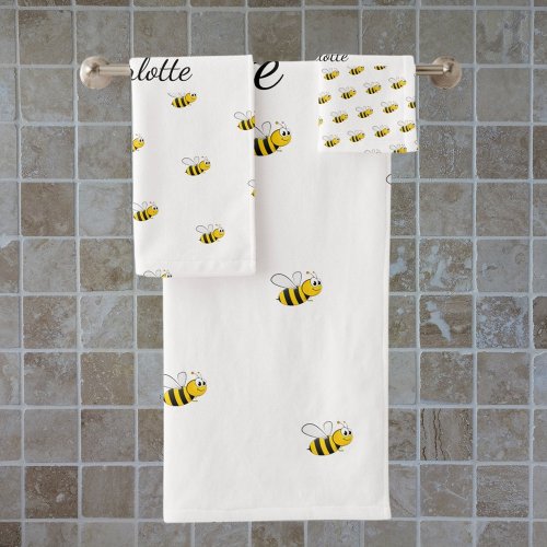 Cute bee white monogram name script  bath towel set