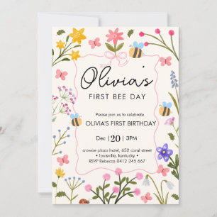 Cute Bee wildflowers First Birthday Invitation