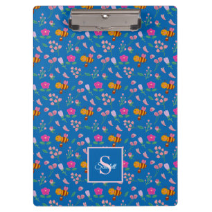 Cute bee wildflowers pattern Monogram Name blue Clipboard