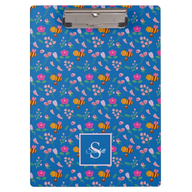 Cute bee wildflowers pattern Monogram Name blue Clipboard (Front)