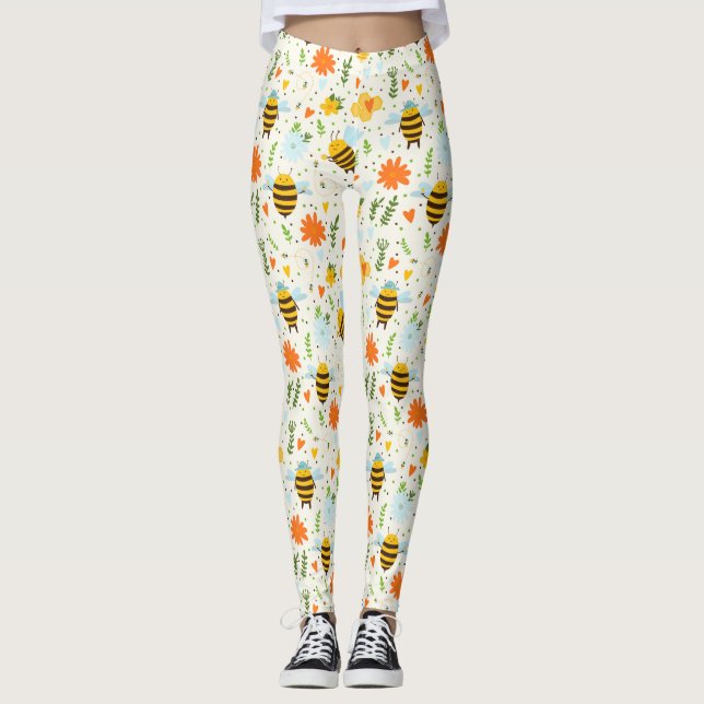 Cute Bee With Blue Hats  Leggings (Front)