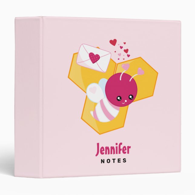 Cute Bee with Pink Valentine Hearts 3 Ring Binder (Front/Spine)