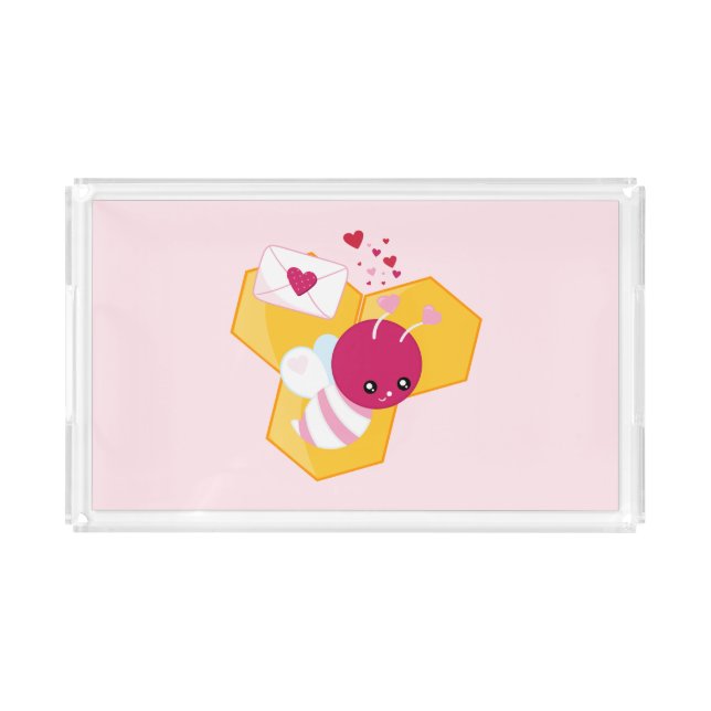 Cute Bee with Pink Valentine Hearts Acrylic Tray (Front)