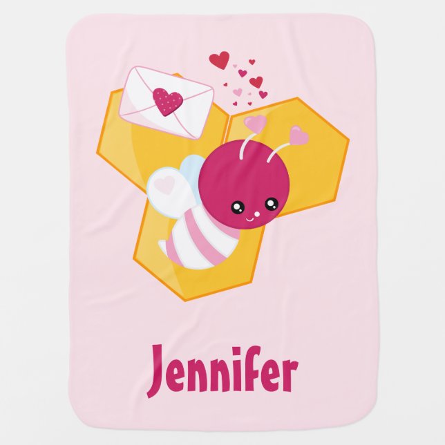 Cute Bee with Pink Valentine Hearts Baby Blanket (Front)