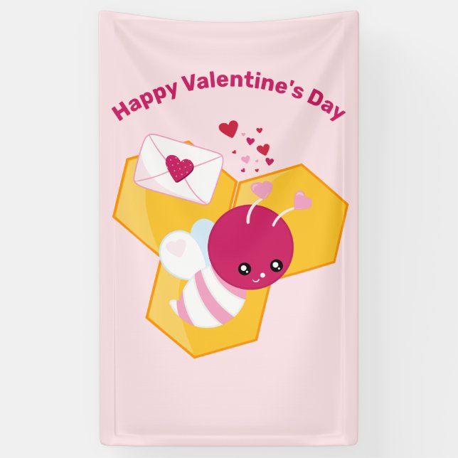 Cute Bee with Pink Valentine Hearts Banner (Vertical)