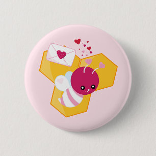 Cute Bee with Pink Valentine Hearts Button