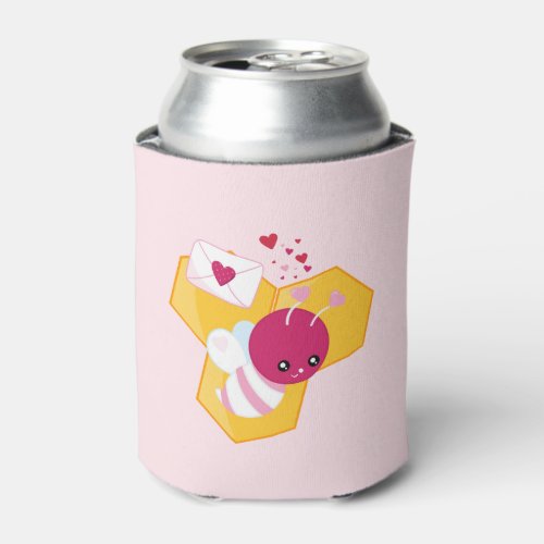 Cute Bee with Pink Valentine Hearts Can Cooler