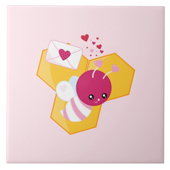 Cute Bee with Pink Valentine Hearts Ceramic Tile (Front)