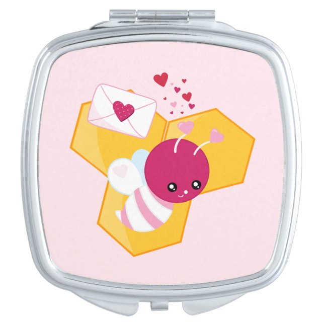 Cute Bee with Pink Valentine Hearts Compact Mirror (Front)