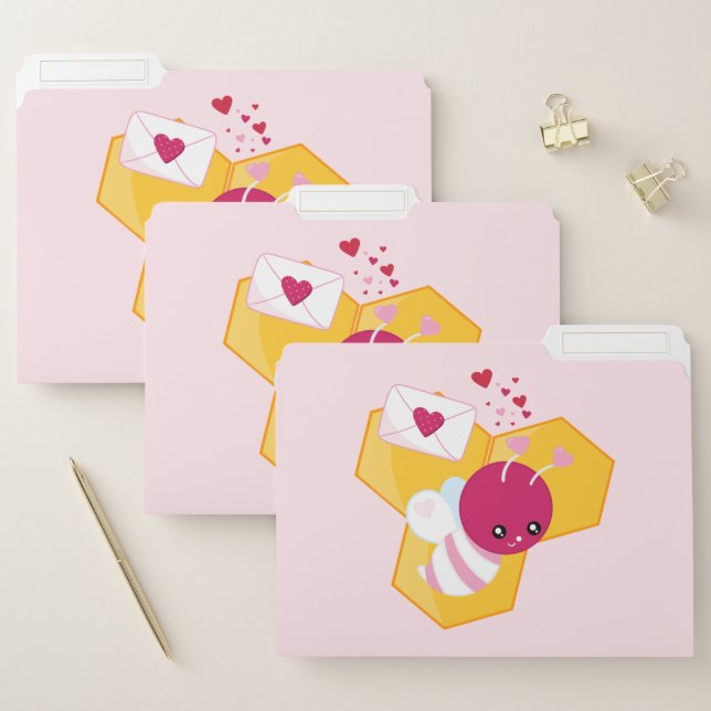 Cute Bee with Pink Valentine Hearts File Folder (Set)