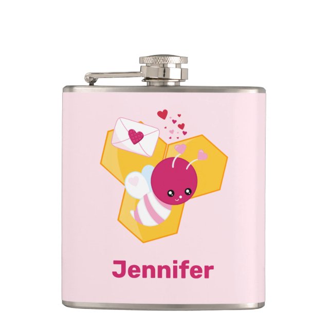 Cute Bee with Pink Valentine Hearts Flask (Front)