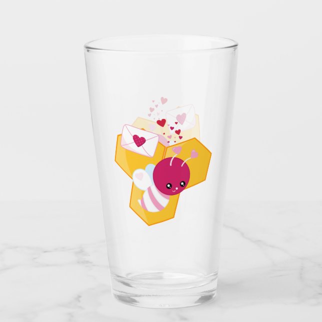 Cute Bee with Pink Valentine Hearts Glass (Front)