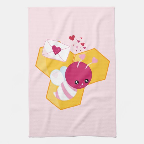 Cute Bee with Pink Valentine Hearts Kitchen Towel